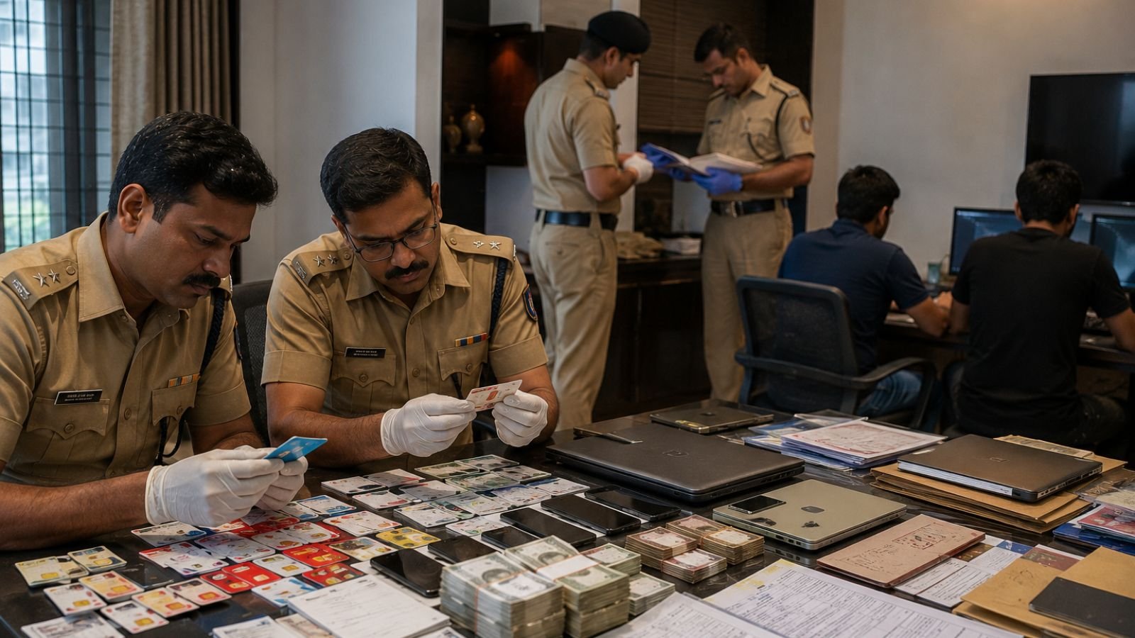 Police examine credit cards and cash during Ahmedabad cybercrime crackdown, Operation Mule Hunt 2.0.
