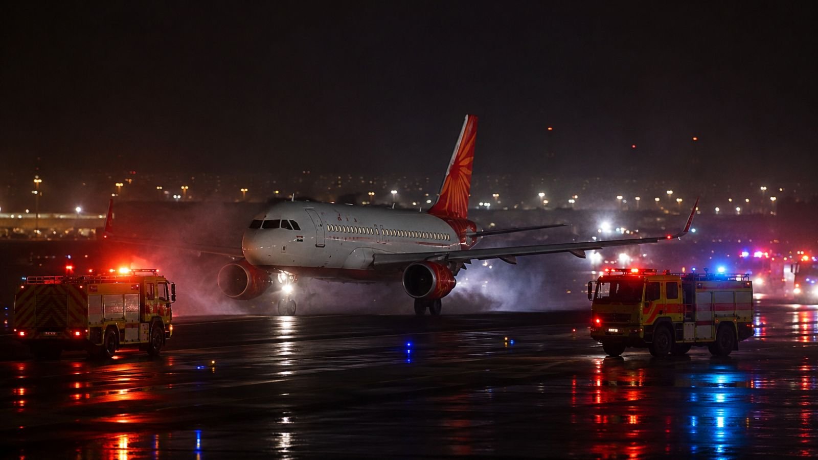 Air India flight AI 2802 emergency landing at Delhi airport with fire trucks.