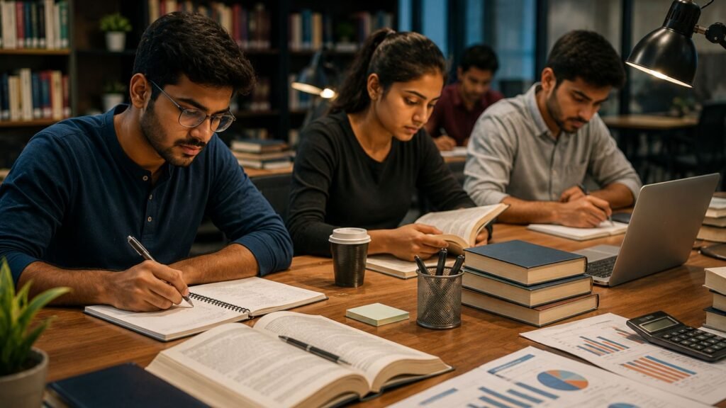Students studying for Bank of Baroda apprentice recruitment 2026 exams.