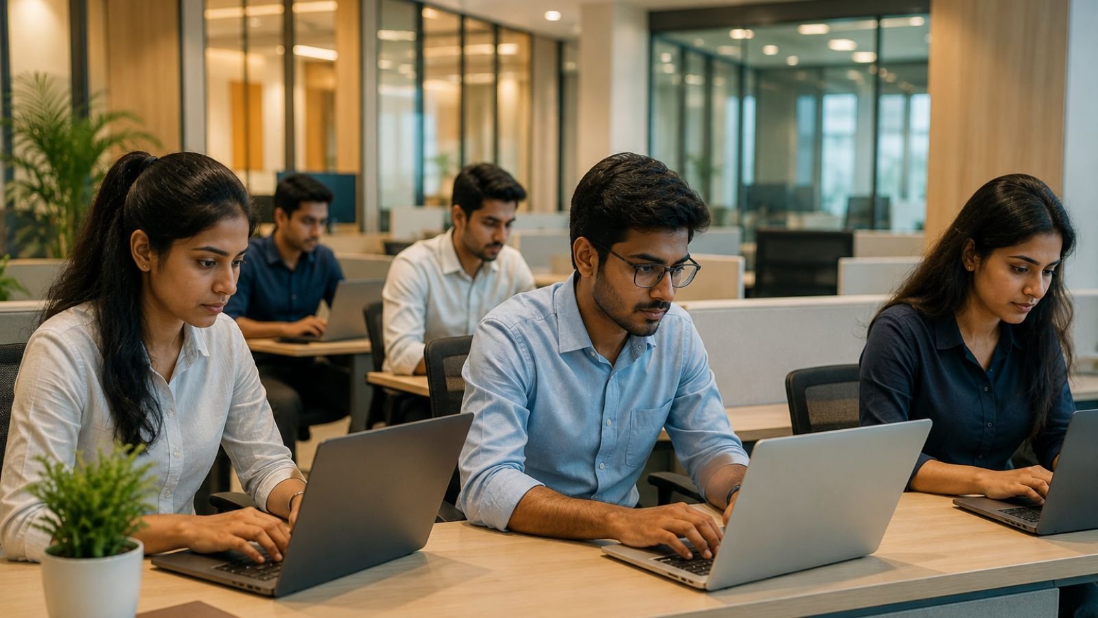 Four people using laptops in an office with a wooden table and potted plant