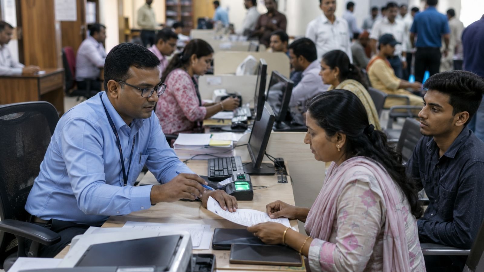 Officials processing CAA foreign passport declaration at office desks