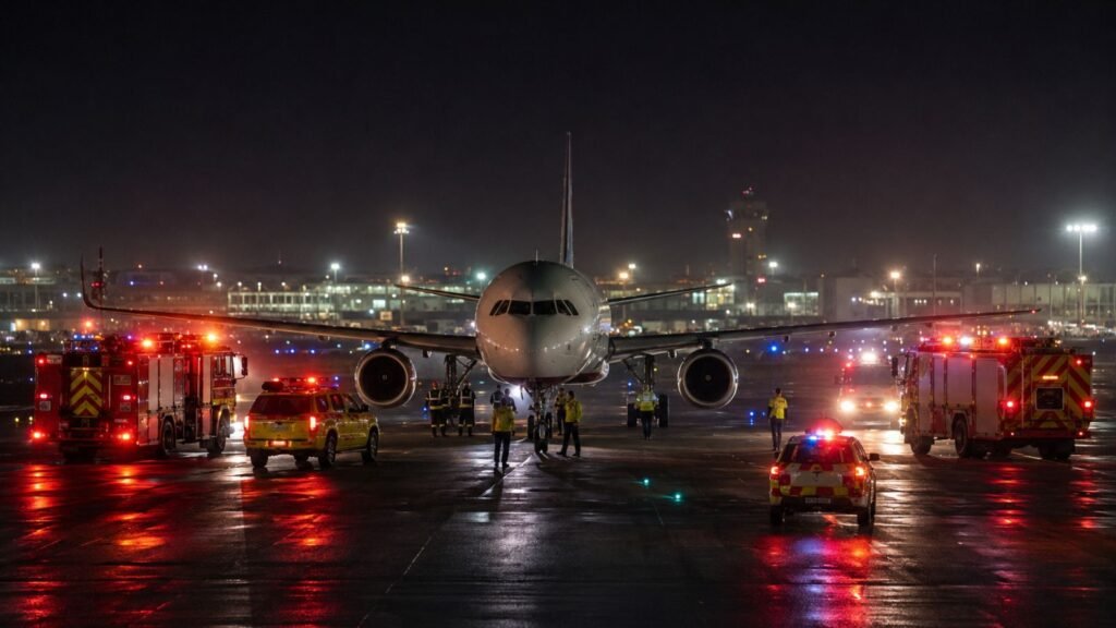 Air India flight AI 2802 emergency landing: Fire trucks surround plane at Delhi airport.