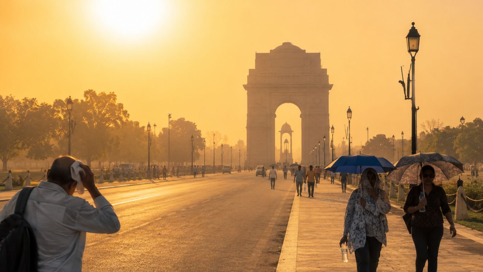 Delhi heatwave: India Gate in hazy, hot sunrise, people with umbrellas.