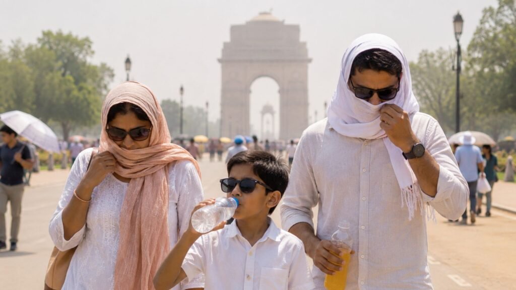 Family shielding from Delhi heatwave near India Gate, May 2026