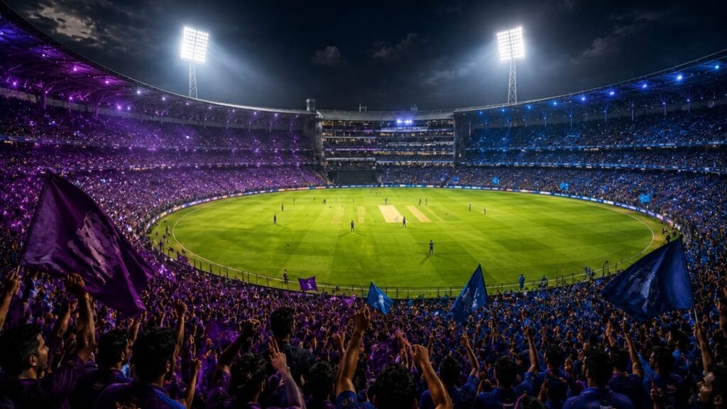 Crowd cheering in stadium with cricket players on field, KKR vs MI IPL 2026
