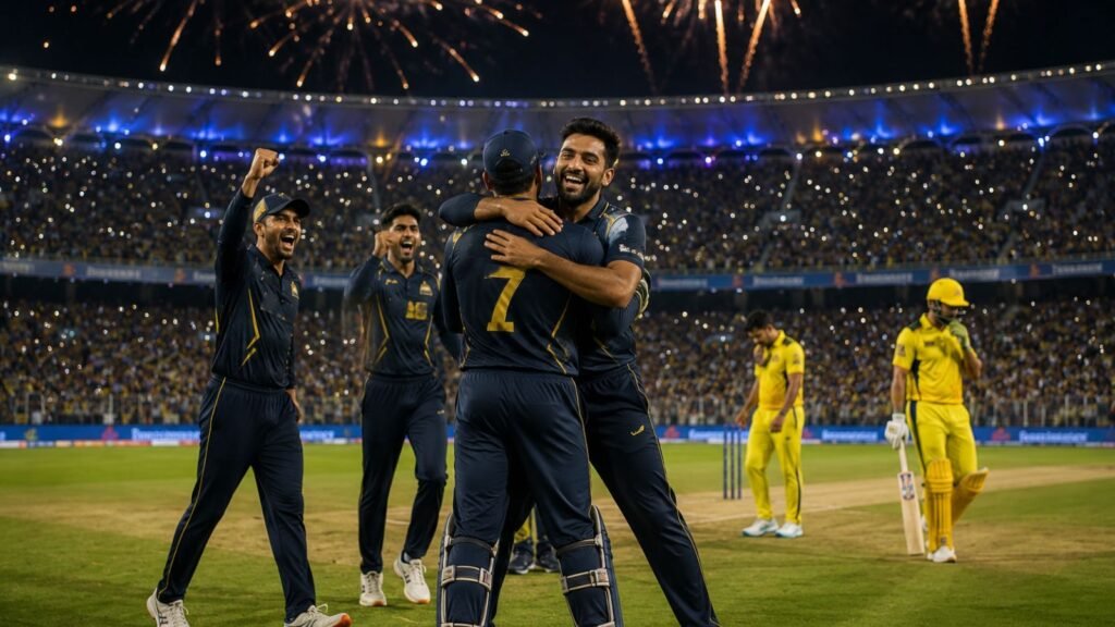 Chennai Super Kings players celebrate a win, despite being knocked out of IPL 2026.