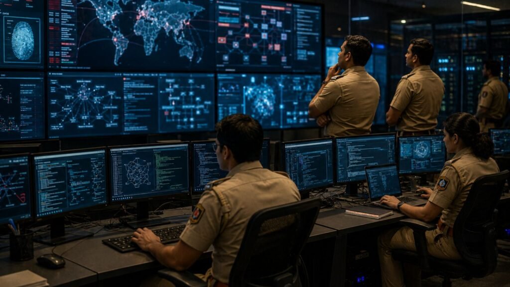 Cybercrime officers monitor global network data during Operation Mule Hunt 2.0 in Ahmedabad.