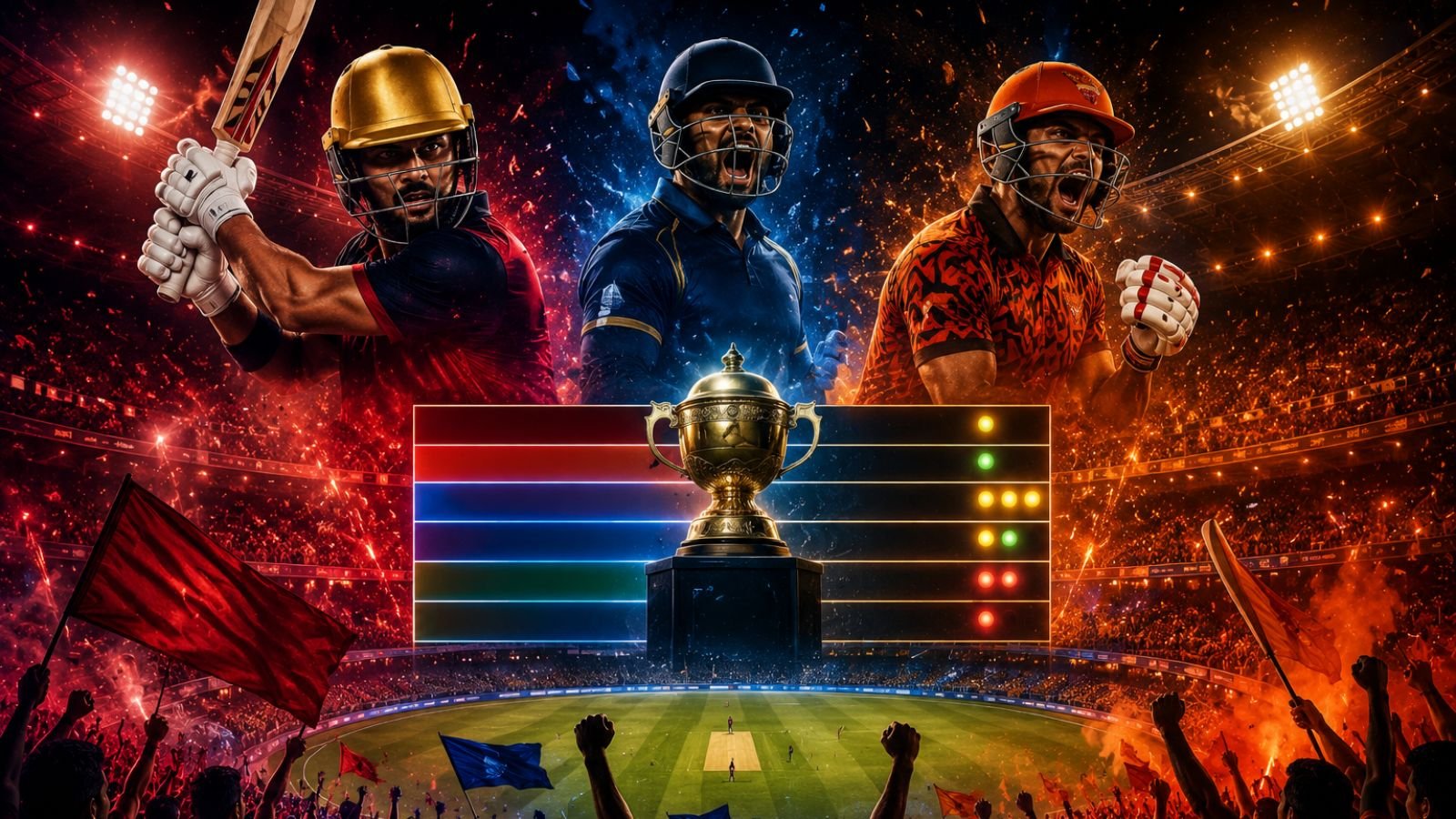 IPL 2026 trophy with RCB, SRH, GT players & stadium crowd