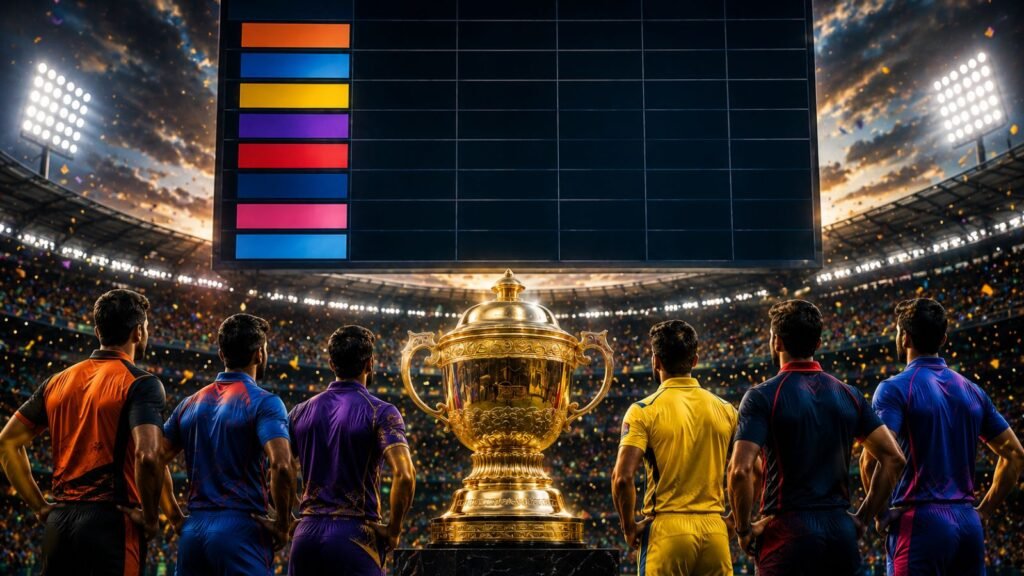 IPL 2026 playoffs: Teams gather around trophy, scoreboard shows standings.