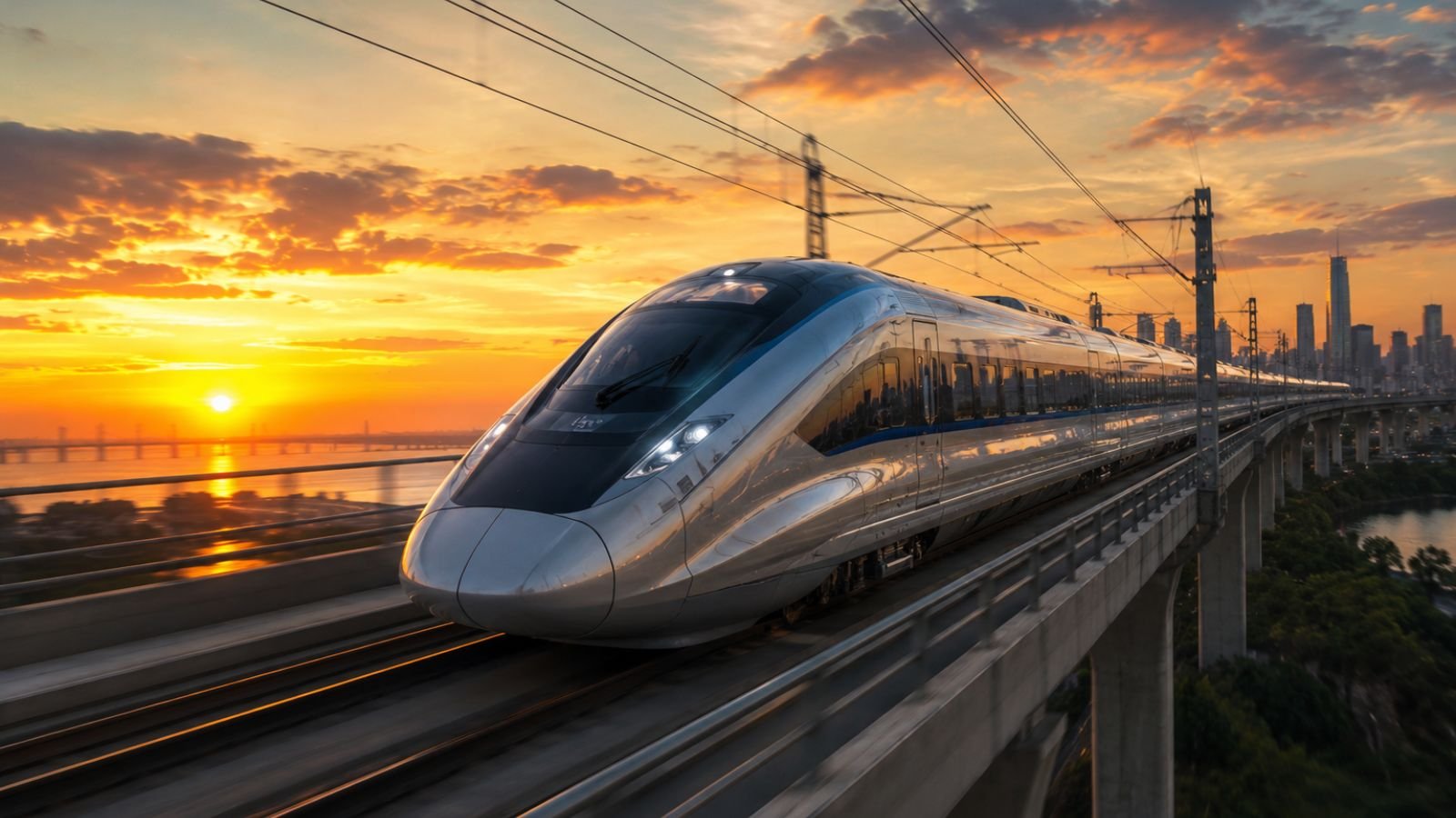 Sleek bullet train on Mumbai-Ahmedabad high-speed rail project at sunset.