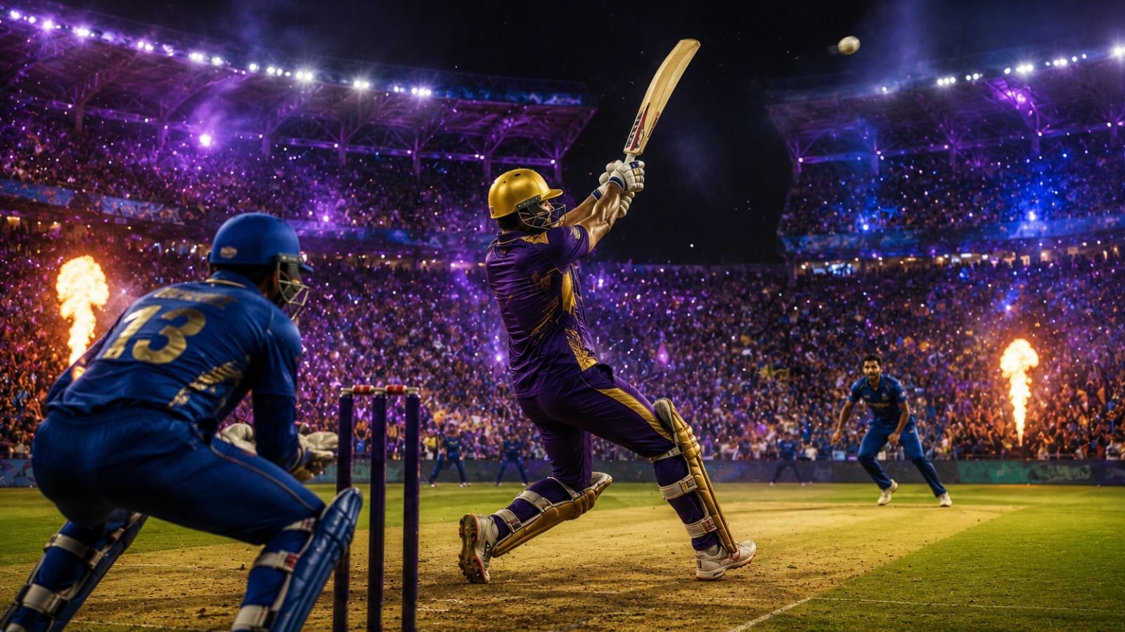 KKR batter hits a six against MI in a packed IPL stadium with fireworks