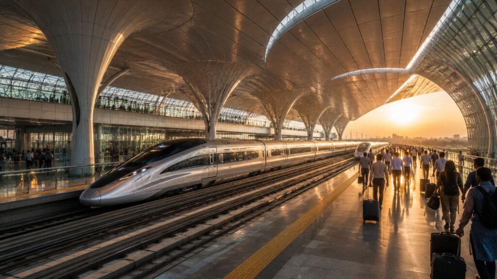 Mumbai-Ahmedabad bullet train at a modern station, India's high-speed rail project.