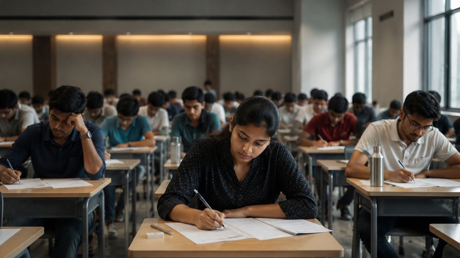 Students taking the NEET UG exam in a classroom setting.