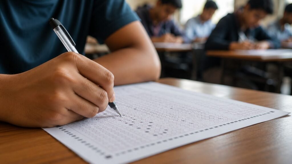 Student filling out an OMR sheet for the NEET UG exam