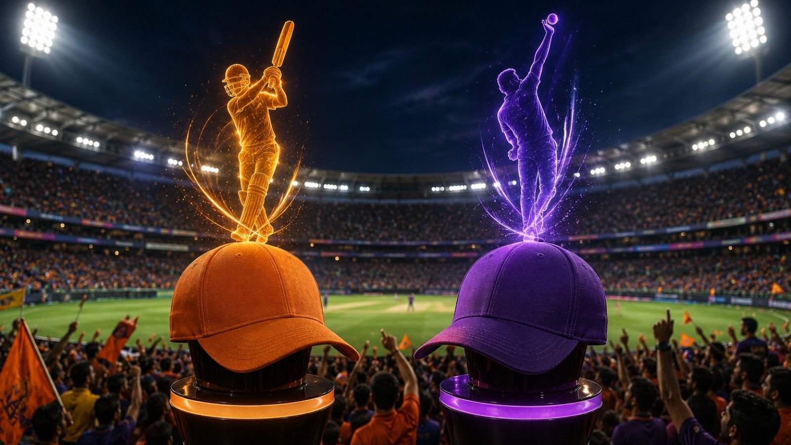 IPL 2026 Orange Cap & Purple Cap leaders visualized on stadium background