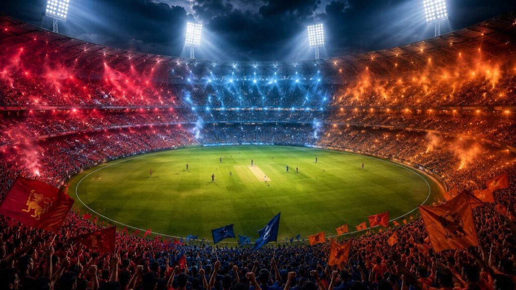 IPL 2026 stadium with cheering crowds in red and blue sections, cricket match underway.