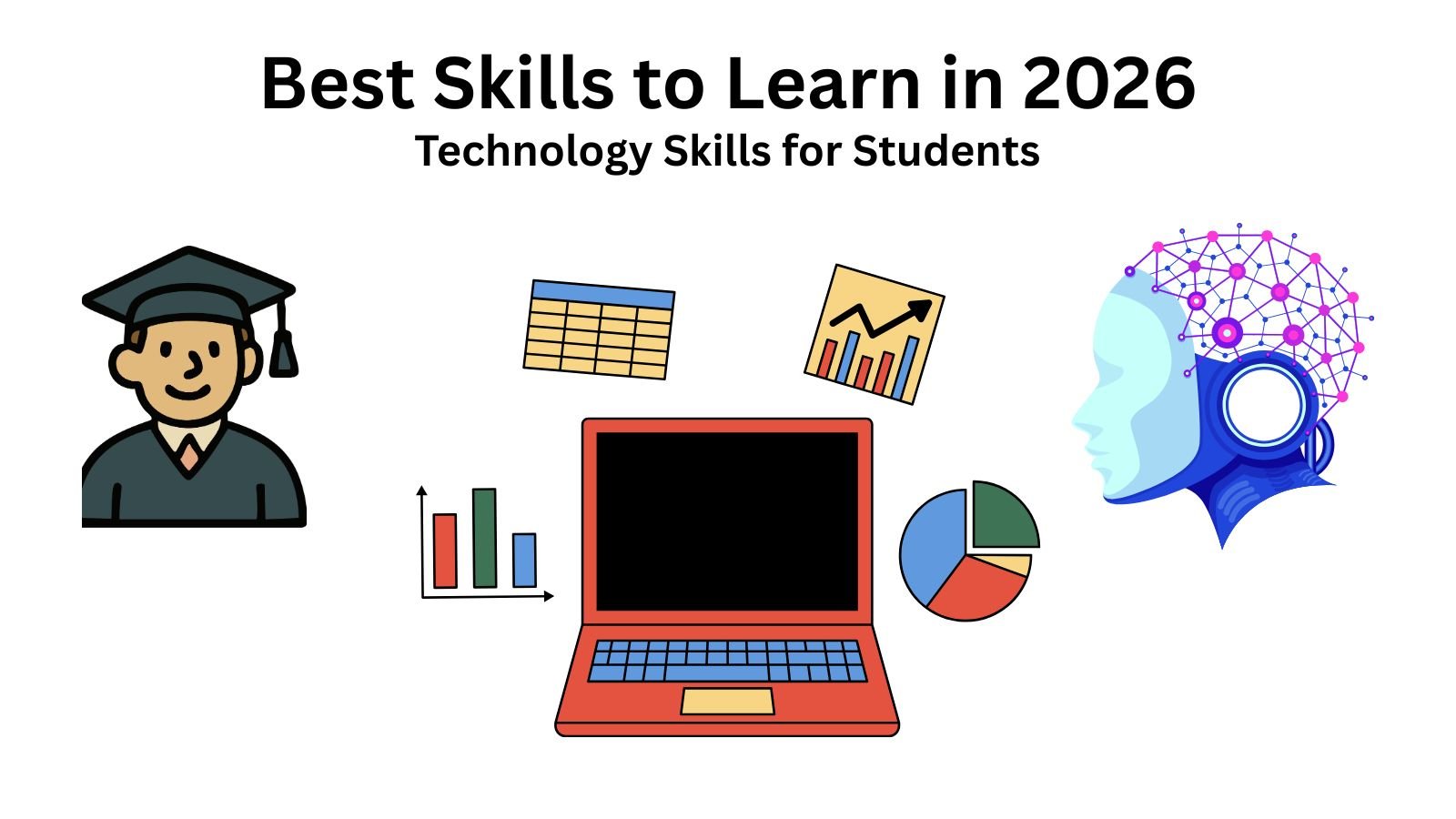 Illustration of a student, laptop, charts, and AI head, representing tech skills for 2026.