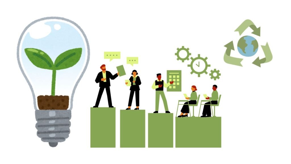 Business growth in India: lightbulb seedling, team collaboration, recycling earth icon