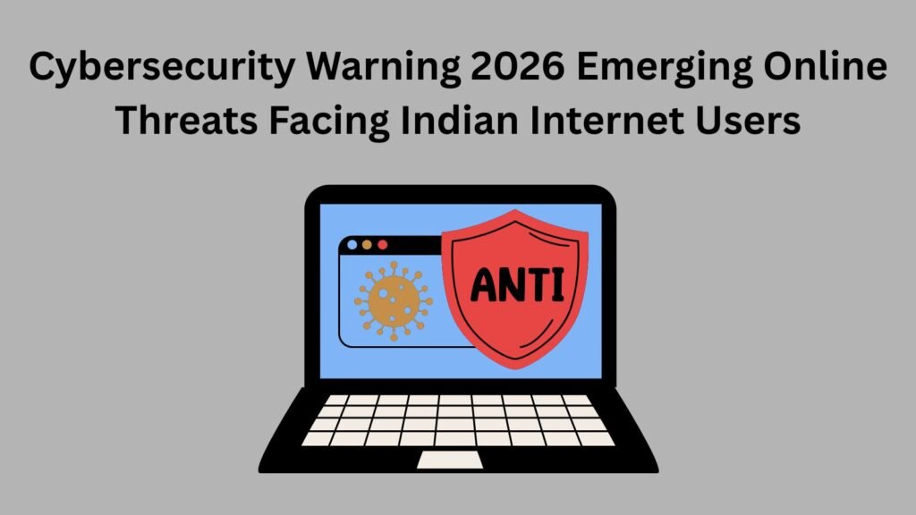 Laptop screen with "ANTI" shield and virus icon, representing cybersecurity threats in India 2026.