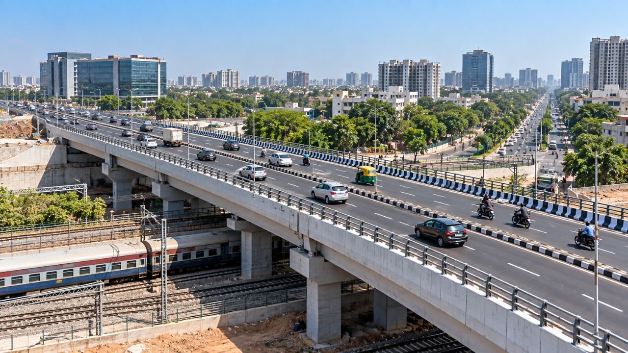 Ahmedabad Makarba railway overbridge with traffic and city skyline.