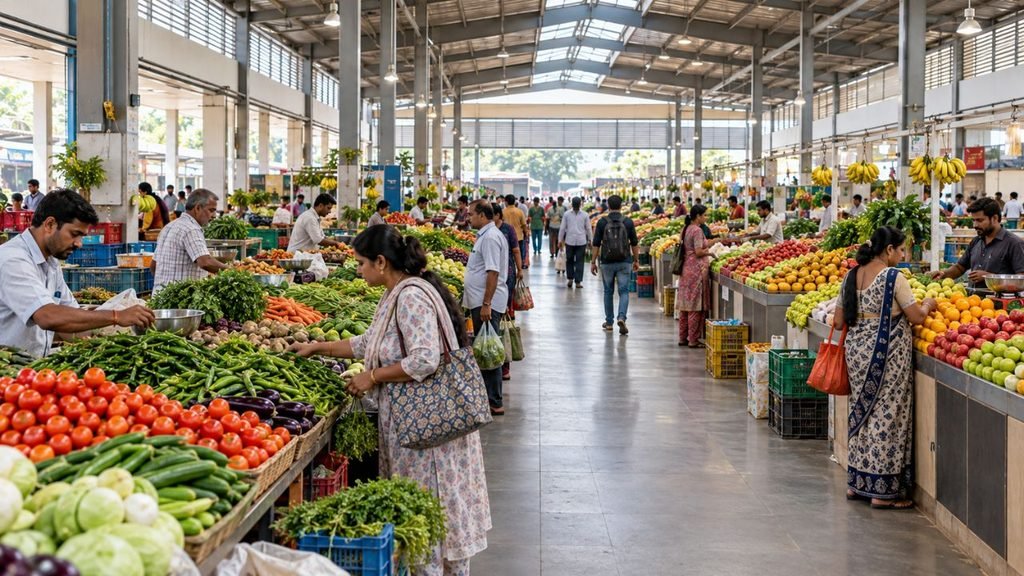Fruit and vegetable sellers in a bustling Indian market, Ahmedabad