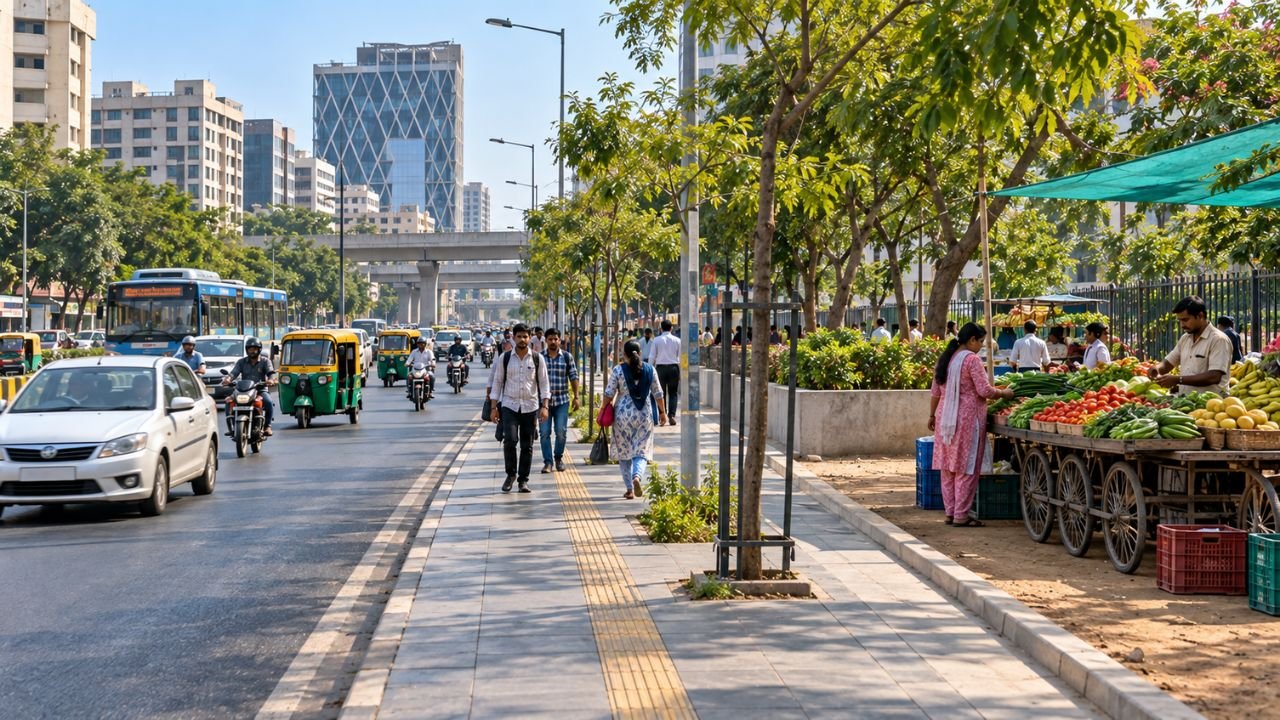 Ahmedabad street scene with fruit vendor, traffic, and modern buildings