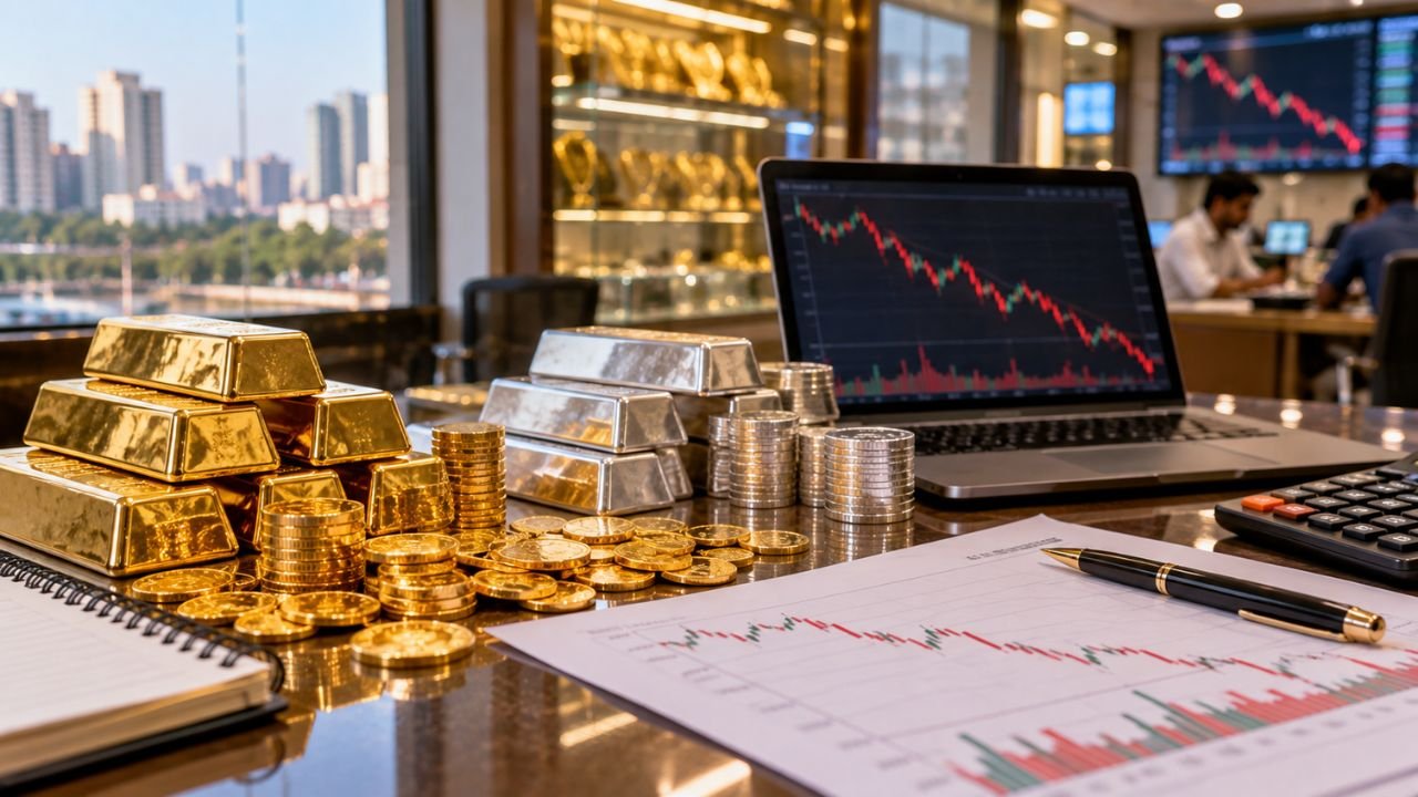 Gold and silver bars, coins, and charts on a desk, reflecting market analysis.