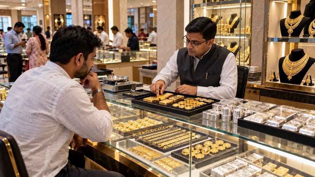 Jeweler shows gold bars and jewelry to customer in a store.