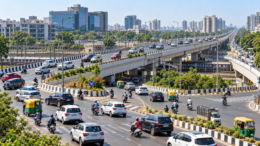 Ahmedabad Makarba railway overbridge construction with heavy traffic.
