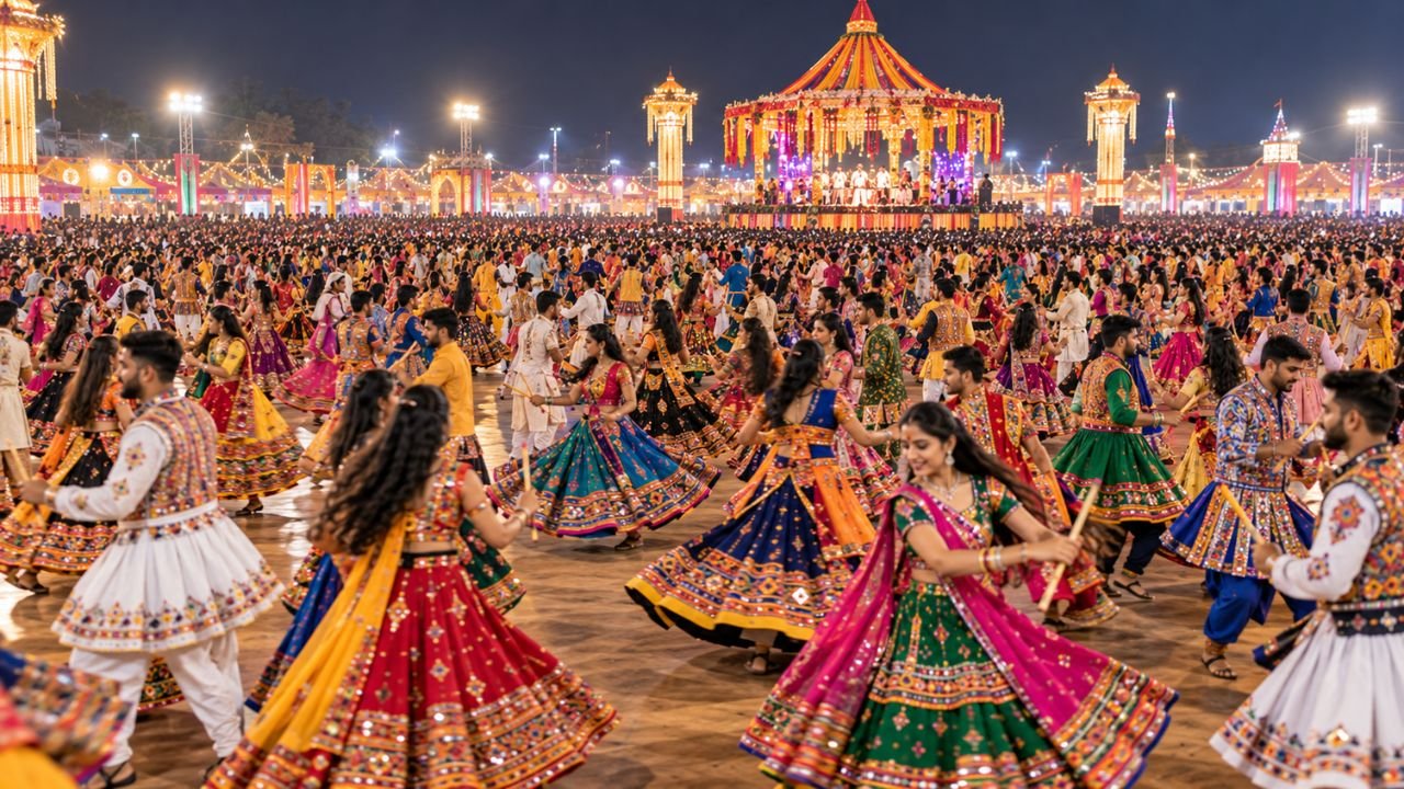 Large crowd dancing Garba during Gujarat Navratri festival at night