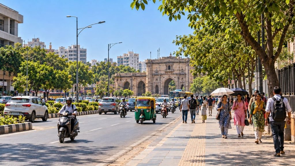 Sunny street scene in Ahmedabad with traffic and people walking, featuring the Sidi Saiyyed Mosque archway.