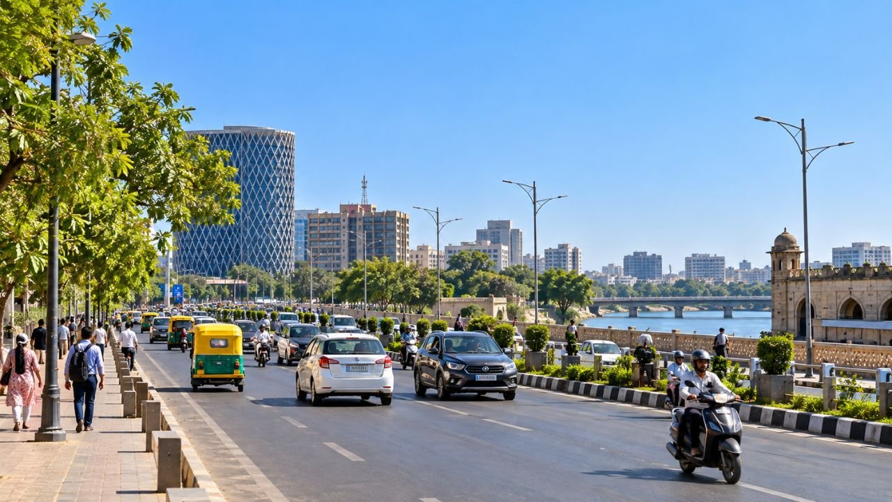 Busy street in Ahmedabad with cars, auto-rickshaws, and pedestrians under a clear blue sky.
