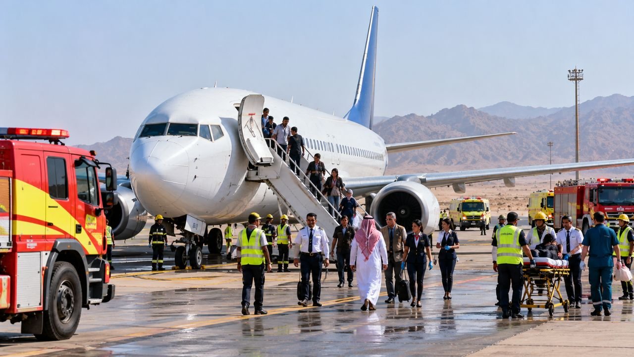 Passengers disembarking Flydubai flight FZ1073 amid emergency services response.