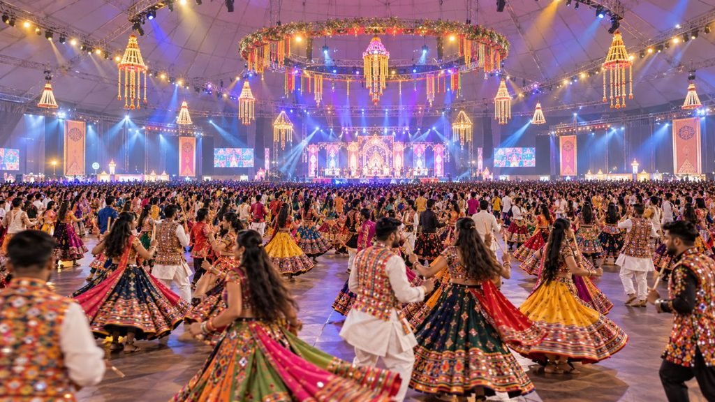 Crowd dancing at Gujarat Navratri 2026 event in a decorated stadium
