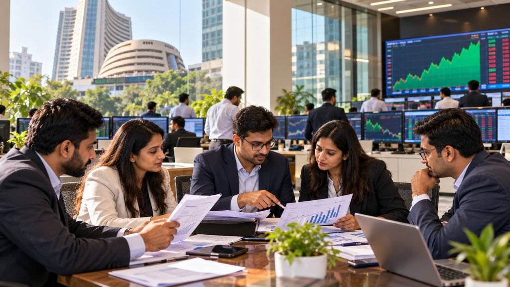 Indian stock market analysts reviewing charts, with BSE building visible