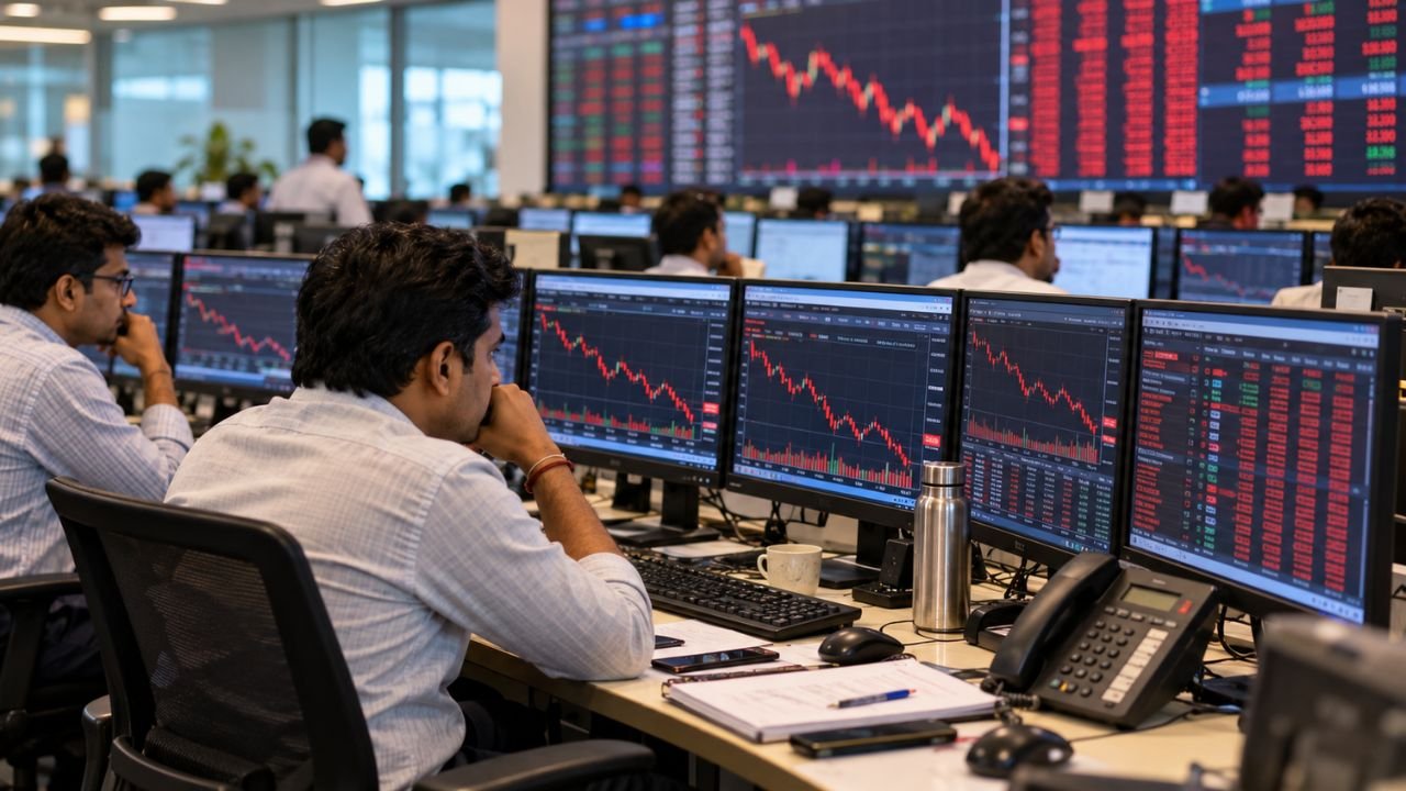 Indian stock market traders watching falling charts on monitors