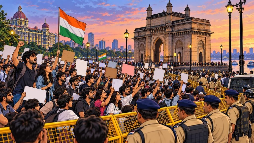 Crowd protests near Gateway of India, India flag, amid SIR voter roll dispute.