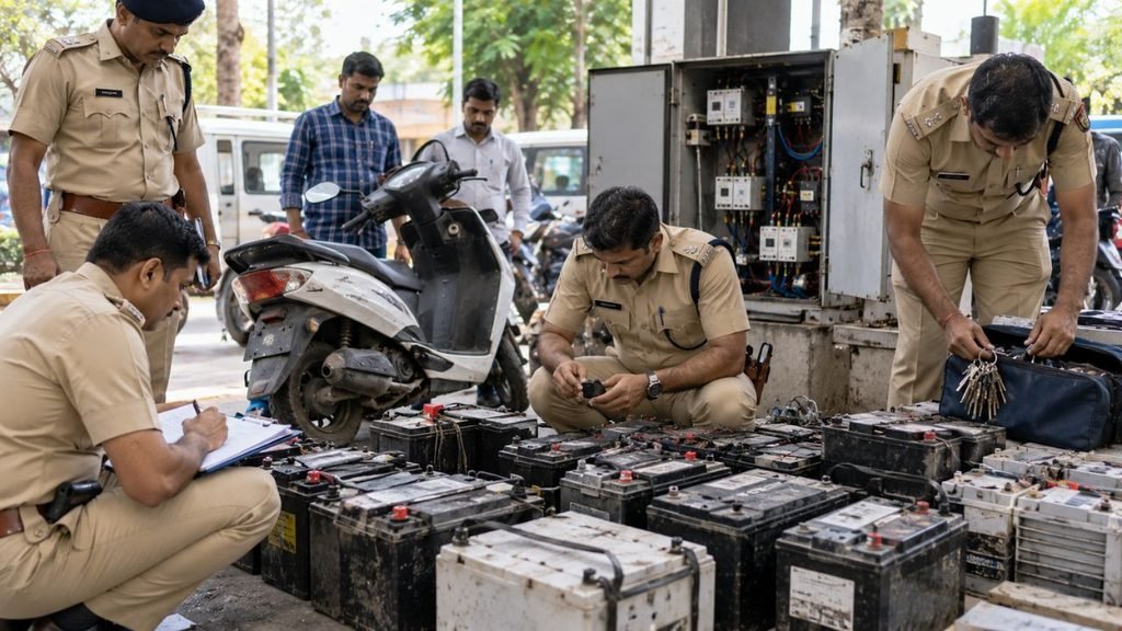 Surat police examine 155 stolen traffic signal batteries after arresting two men.