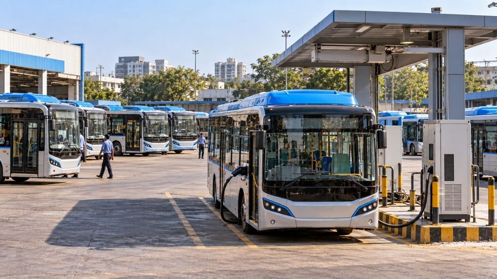 Surat electric buses being prepared at a charging station for the 2026 trial.