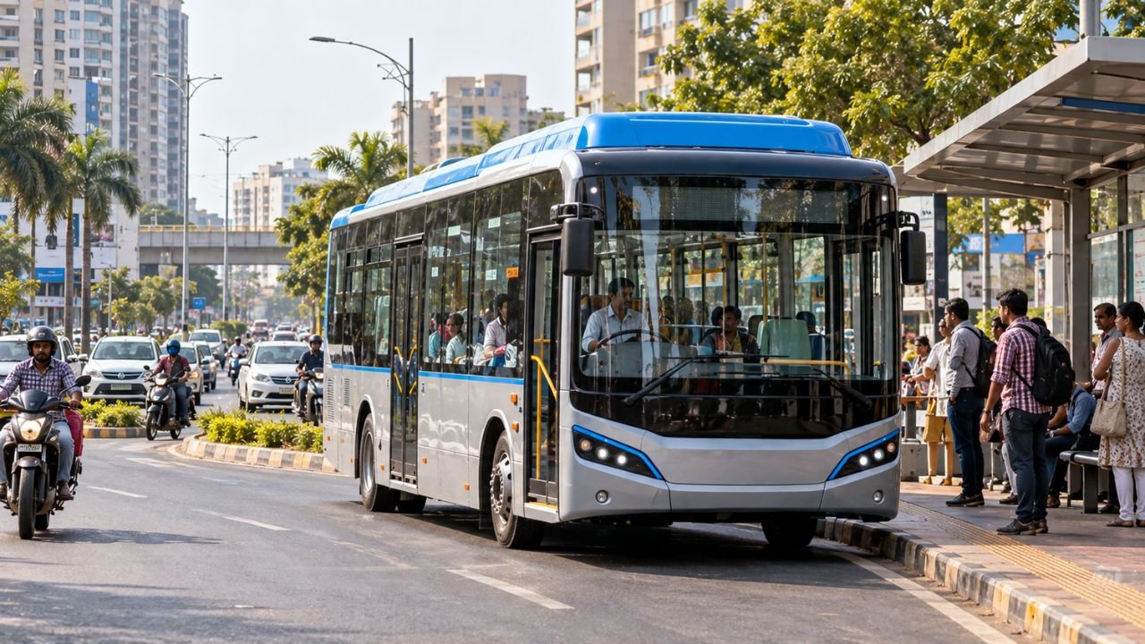 Surat electric bus on city street, part of 2026 e-bus trial