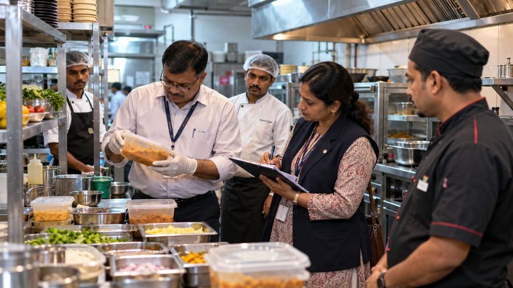 Surat kitchen inspection: officials review food containers, chefs present.