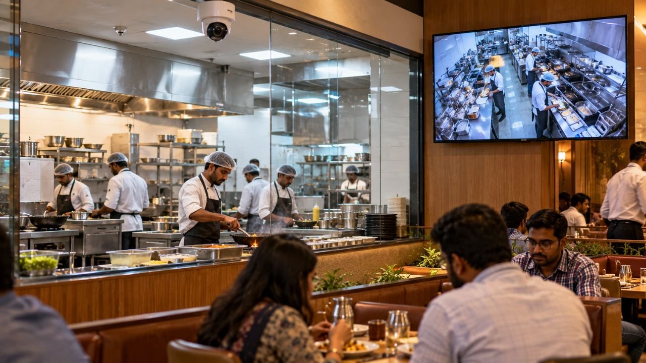Busy restaurant kitchen with chefs working, live CCTV feed displayed