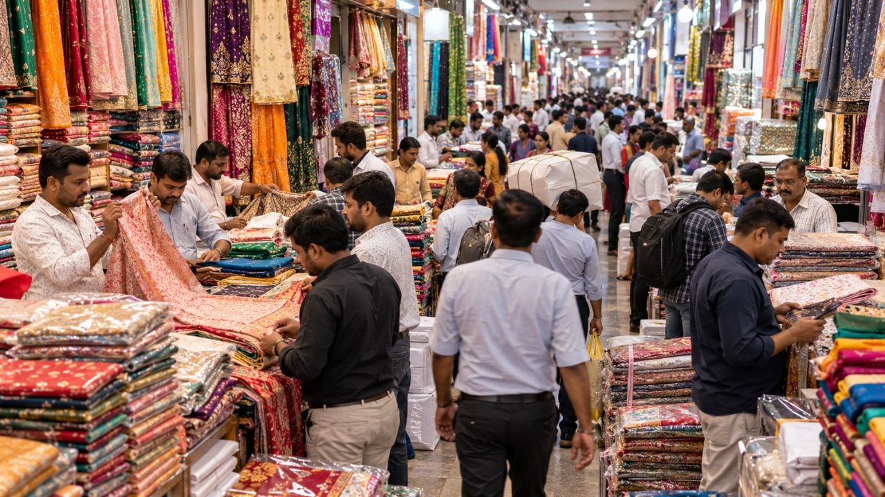 Busy Surat textile market with shoppers browsing vibrant fabrics on display.
