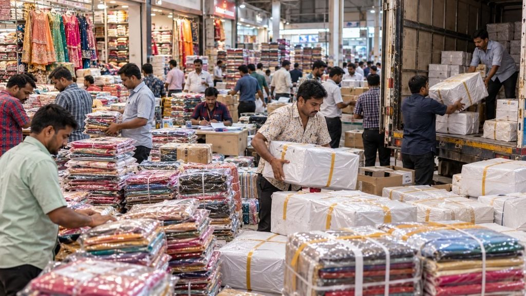 Workers loading textiles in a busy Surat market, preparing for Sunday openings.