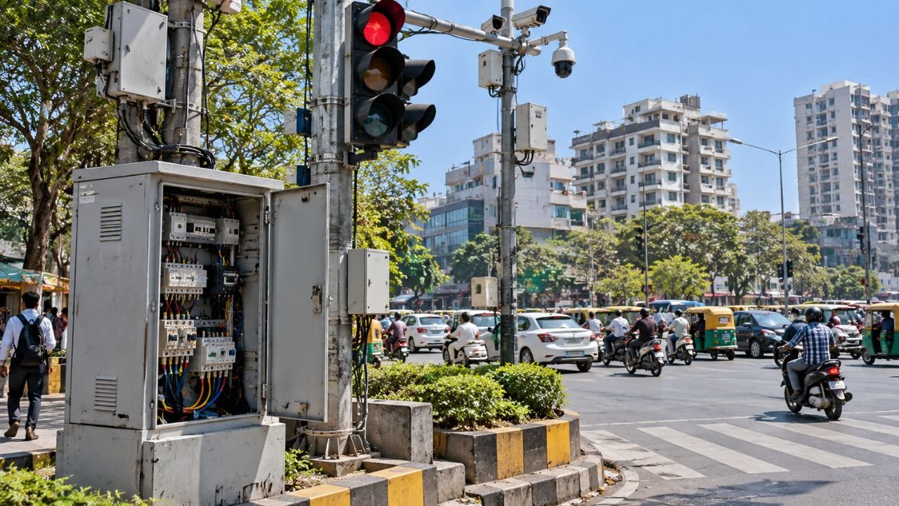 Surat traffic signal box with wiring, busy street with vehicles and buildings.