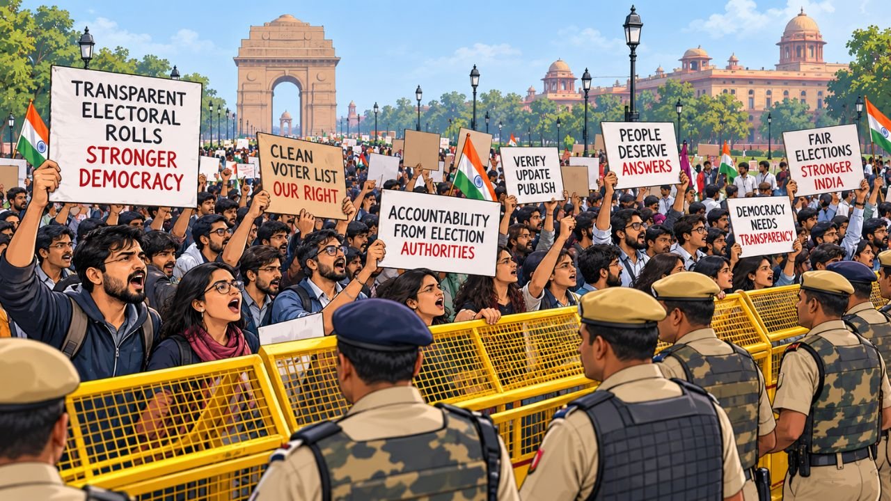 Protesters demand transparent electoral rolls and fair elections in India, facing police.